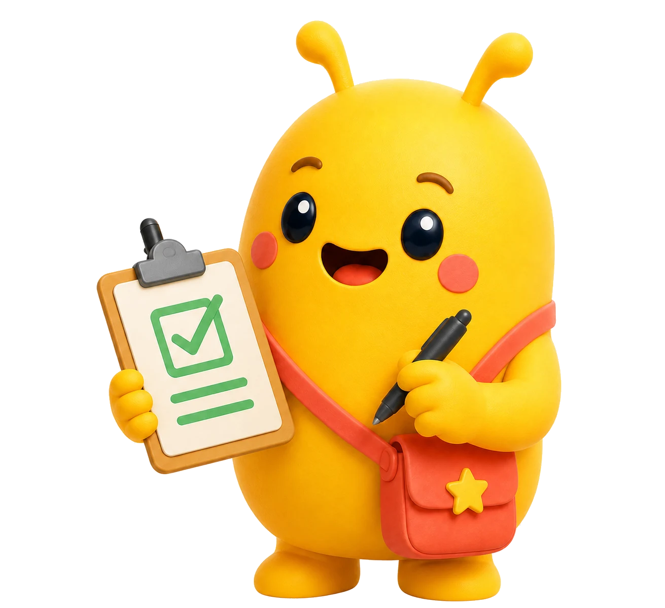 Sunny holding a checked clipboard and pencil with a coral bag attached to the sling